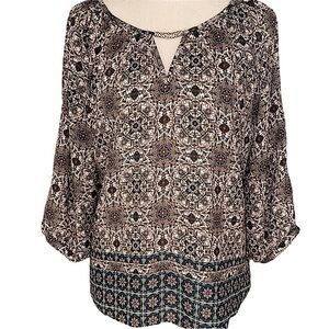 3/$20 Boho Peasant Top Multi Hue Paisley Print Gold Keyhole Detail Open Sleeve